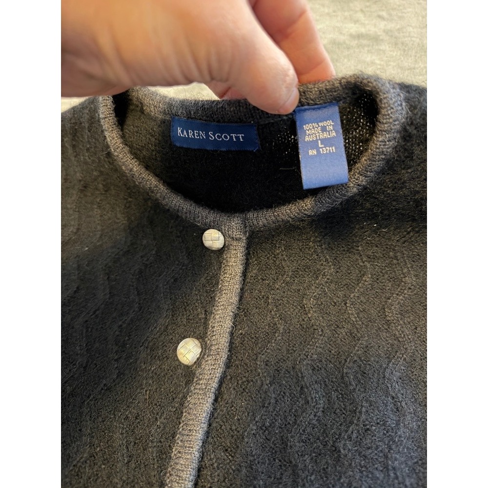 Karen‎ Scott Black Textured Wool Cardigan Sweater Silver Button Accents Size L - Picture 2 of 5